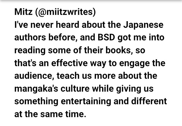 So, as someone who loves these stories + writers and wished more people read + knew about them, I’m eternally grateful to Asagiri for paying tribute to these people. Overall, I would say the story worked: it’s inspired a lot of ppl to write, create, and look into the literature: