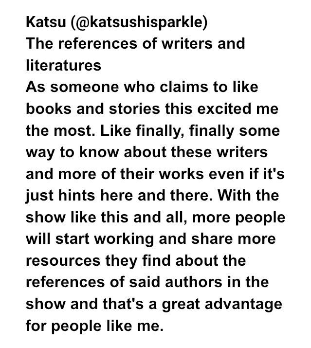 So, as someone who loves these stories + writers and wished more people read + knew about them, I’m eternally grateful to Asagiri for paying tribute to these people. Overall, I would say the story worked: it’s inspired a lot of ppl to write, create, and look into the literature: