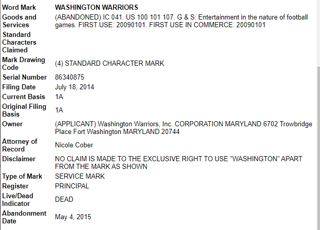 Now here's where things start to get interesting.In 2014 a new company registered out of Maryland called 'Washington Warriors Inc' registered the trademark for 'ENTERTAINMENT IN THE NATURE OF FOOTBALL GAMES', and all associated merchandise.They held the trademark for 13months