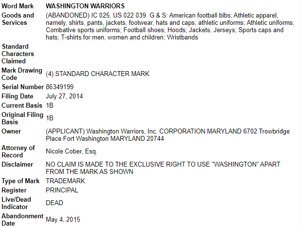 Now here's where things start to get interesting.In 2014 a new company registered out of Maryland called 'Washington Warriors Inc' registered the trademark for 'ENTERTAINMENT IN THE NATURE OF FOOTBALL GAMES', and all associated merchandise.They held the trademark for 13months