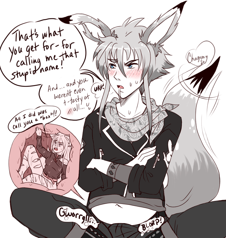 Chameleonette's tweet photo. Cao doesn't like being called a "Box". How RUDE, @dot_dotto ! And he's totally not enjoying this. Totally not. Don't mind the blush, bulge, tail wagging, and other telltale things... #SizeTwitter #vore #voreart #malepred #femaleprey #macromicro #gianttiny #giantmale #tinyfemale https://t.co/wUnzJo8V3P