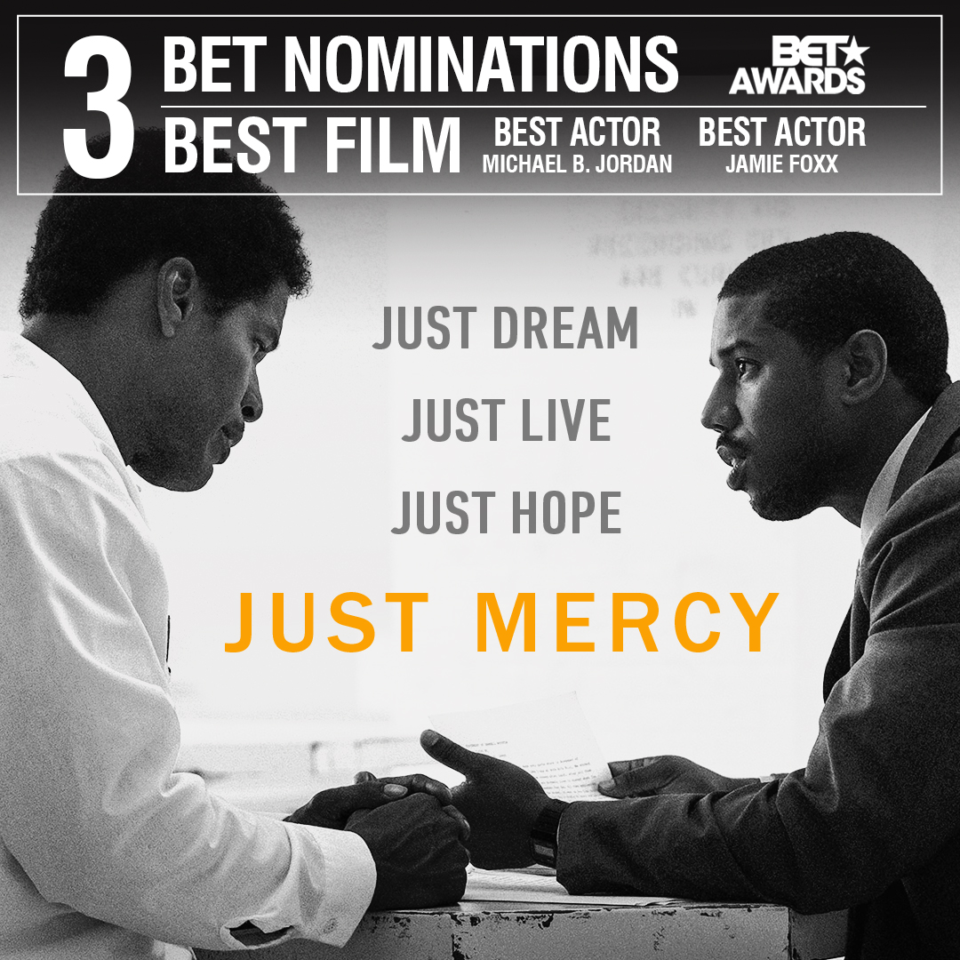 #JustMercy has been nominated for 3 #BETAwards, including Best Film, Best Actor for @michaelb4jordan and Best Actor for @iamjamiefoxx