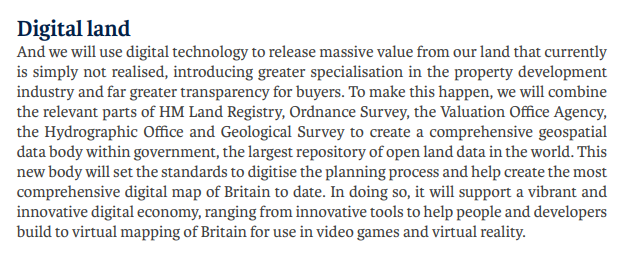 Evident throughout is the lack of political appetite for unlocking value from public geospatial data.It's worth looking back to the GC's origins in the 2017 Conservative Party manifesto:  https://www.owenboswarva.com/opendata/Manifesto2017.pdf#page=84 Three years later, that bold vision has vanished entirely.4/n