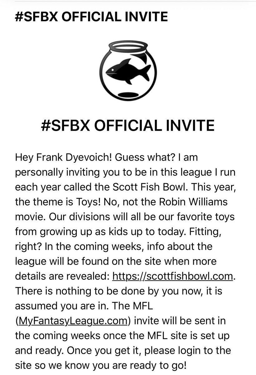 Fantasy_Giant's tweet photo. Words cannot express the honor. I am humbled &amp; so so thrilled for my first year in the Scott Fish Bowl!!! Thanks so much to @ScottFish24 and @RyanMc23 for all the hard work they do and for #SFBX and #FantasyCares ❤️ LETS GOOOOOO!!!!! 🙌🏼🐟🏈🏆
Hey #SuitsFam, WE’RE IN! @RobbyRubes https://t.co/IABO6iVGZ3