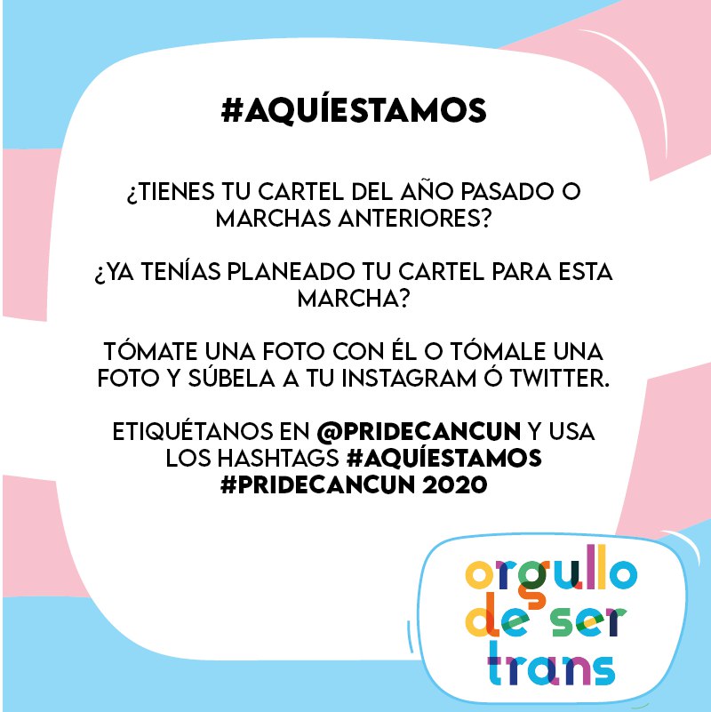 🏳️‍🌈¡ESTE AÑO TAMBIÉN MARCHAMOS!🏳️‍🌈

Únete a la Marcha LGBTIQA+ de Cancún este año.

Queremos hacer visibles a la mayor cantidad de miembrxs de nuestra comunidad.

Participa en todas las dinámicas que gustes.

#AquíEstamos #PrideCancun2020