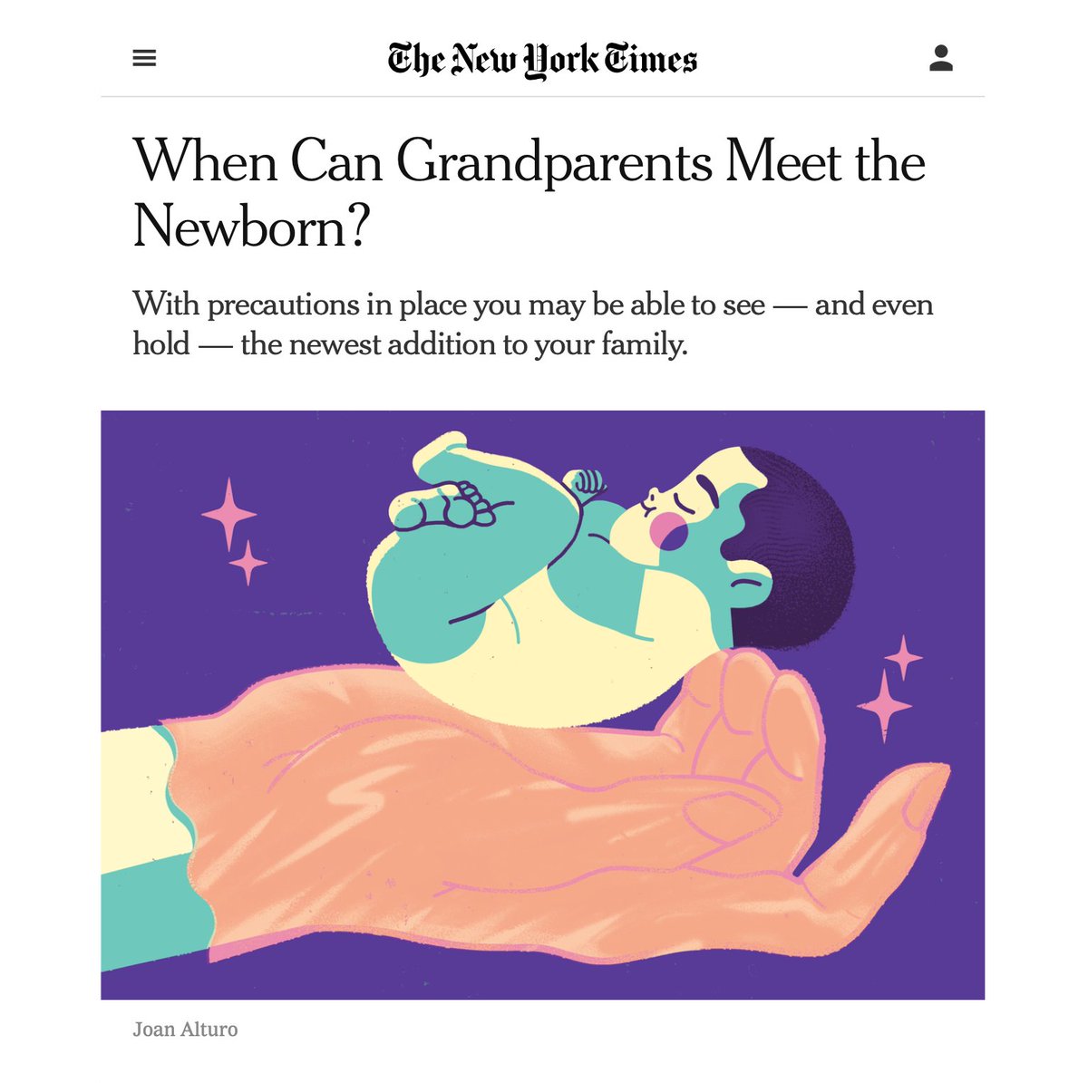 joan_alturo's tweet photo. Really excited about this new illustration for @NYTParenting ✨ 'When Can Grandparents Meet the Newborn?' Many thanks to Deanna Donegan for the art direction!

https://t.co/COcFYXzwAL https://t.co/ErHzaXAD1X