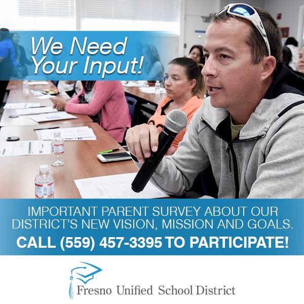 fresnounified's tweet image. Hi #FUSDFamily! We would love to hear our parents voices regarding our district’s new vision, mission and goals. We plan to launch the new vision, mission and goals this fall and want to ensure voice from our parents. Give us a call at (559) 457-3395 to complete the survey!