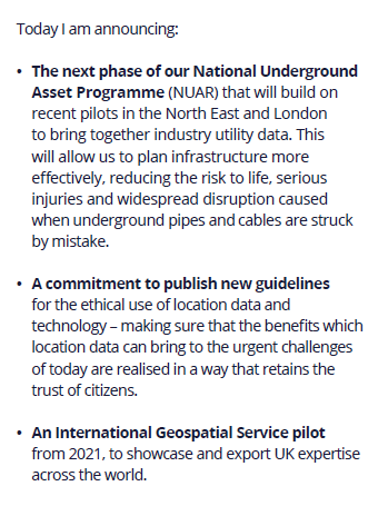 Today's  #UKGeospatialStrategy launch included three new announcements, none of them significant enough to require any mention of funding.(The NUAR is a worthwhile initiative but I doubt the business case relied on sponsorship from a Cabinet Office commission.)5/n