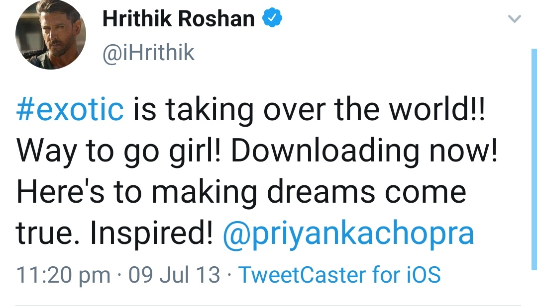  #HrithikRoshan has time & again appreciated  #PriyankaChopra for her strength & dedication.Added to it  #Hrithik always appreciates new ventures of his co-star. A brain surgery dint stop him from from praising her pop album. He is the very few people from industry who did that.