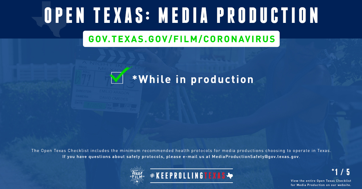 TexasFilmComm's tweet image. (1/5) The second section of the Open Texas Checklist for Media Production is all about minimum safety protocols while in production. #KeepRollingTexas

View the entire Checklist and register your production at gov.texas.gov/film/coronavir….