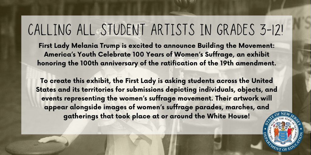 Students in grades 3-12 are encouraged to submit artwork that represents the women's suffrage movement! The White House will select one artwork to be included in a celebratory exhibit from each state and the US territories. Click here for more information: bit.ly/3hJkWbM