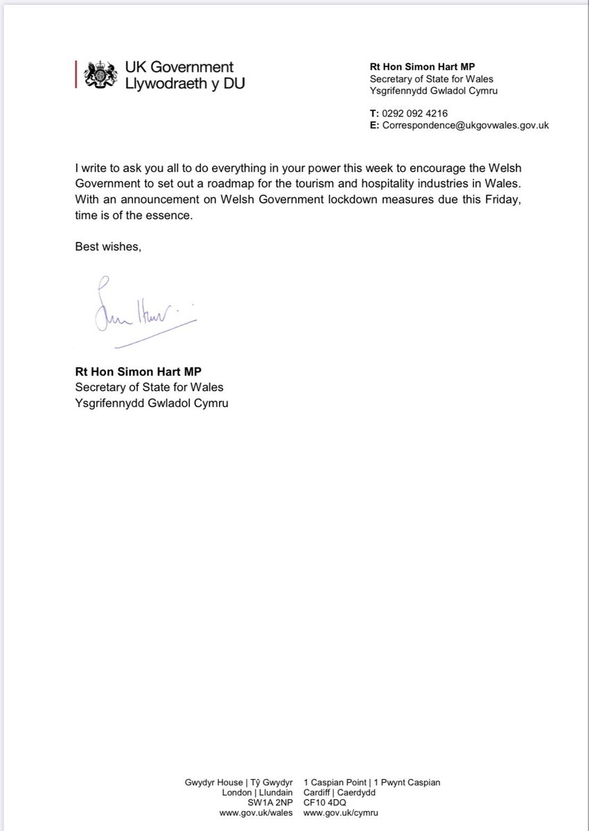 .⁦@UKGovWales⁩ ⁦⁦<a href="/Simonhartmp/">Simon Hart</a>⁩ speaks out, calling for a roadmap for reopening of Welsh tourism &amp; hospitality 

Thank you Simon 🙏🙏🙏

Business owners, our teams, our customers and the communities we sustain need hope and to plan for survival #ProtectTourismJobs
