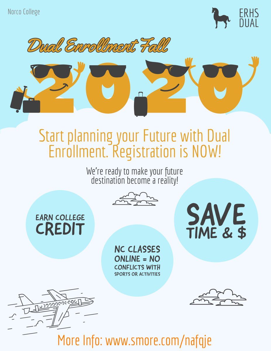 It may be summer 🏖☀️, but NOW is the time to make your future happen! Registration for Fall 2020 Dual Enrollment is happening. Earn college credit, weighted GPA pts, & still participate in your sports & high school activities. Get started smore.com/nafqje. @ERHSOfficial