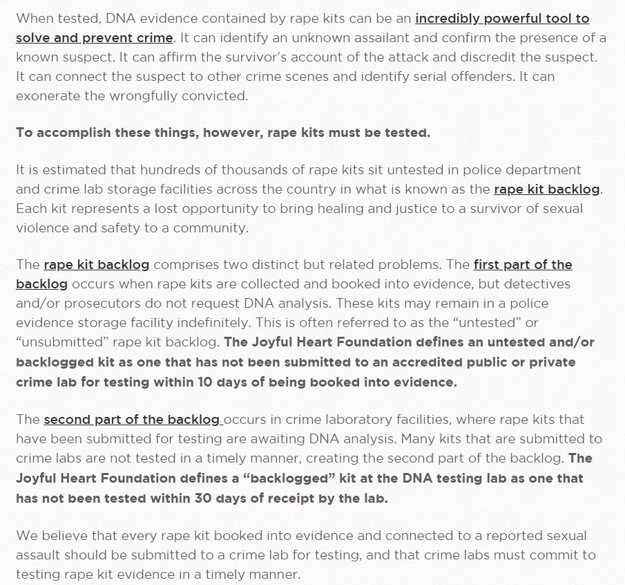 PROBLEM POLICE Failure to test rape kits degrades and devalues rape survivors and permits rapists to remain undetected and free to rape again.   Test every rape kit collected. See http://www.endthebacklog.org/backlog/what-rape-kit-backlog and see  https://arizonadailyindependent.com/2018/04/22/state-getting-convictions-as-it-slowly-works-through-rape-kit-backlog/