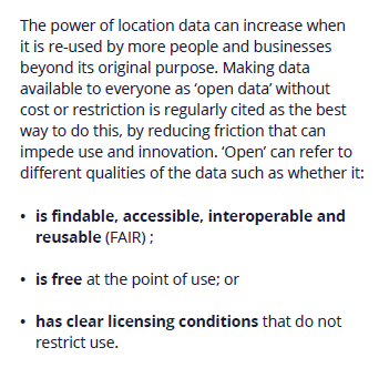 Nothing new on  #opendata in the  #UKGeospatialStrategy.There's a section on improving access to public sector data in which the GC tortures the definition of 'open' so as to give the impression that FAIR data and free data are equivalent concepts.  https://gov.uk/government/publications/unlocking-the-power-of-locationthe-uks-geospatial-strategy/unlocking-the-power-of-location-the-uks-geospatial-strategy-2020-to-2025#improving-access-to-public-sector-data7/n