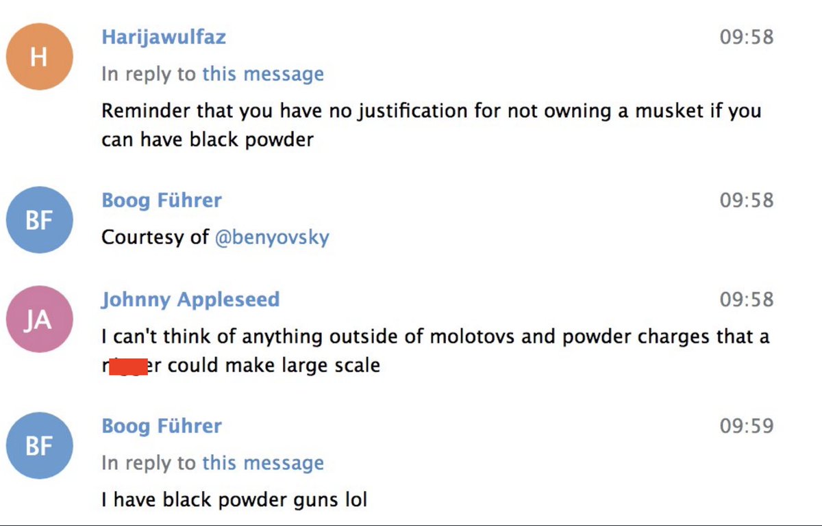Someone in that same chat points out that you could get arrested for stockpiling black powder explosive making supplies, and Sean lolz.He has black powder guns as a pretext, he says.