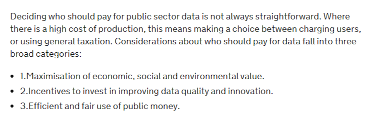 Much of this section is taken up by a defensive, Treasury-inflected argument about the options for funding public sector data. This argument fails to distinguish between use and re-use of public data and affects (I assume) an ignorance of the economics of digital goods.8/n