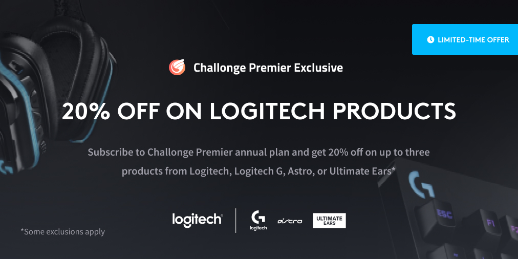 Challonge's tweet photo. We're thrilled to provide an exclusive, 20% discount on @Logitech, @LogitechG, @ASTROGaming, and @ultimateears products to all annual Challonge Premier subscribers! Learn more, subscribe, and/or upgrade at https://t.co/YcX4oEyM5t. https://t.co/WdExhBlFwY