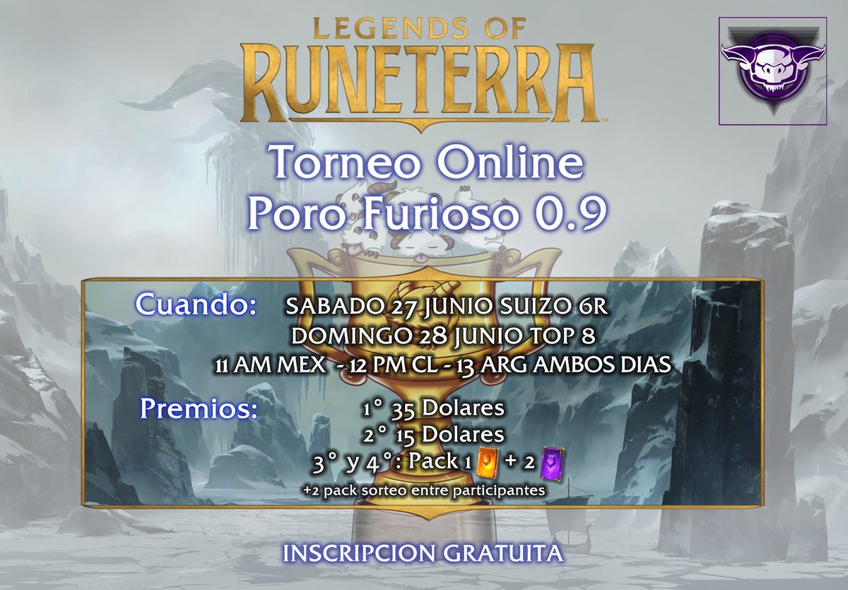 Recién terminamos un torneo y ya tenemos otro!
Poro Furioso 0.9: El poro eterno.

Nos vemos el 27 y 28 de junio para ver quien es el poro mayor de <a href="/LoRLATAM/">Legends of Runeterra LATAM</a> !

📢Inscripción: bit.ly/PF09Inscripcion

⚖️Reglas: bit.ly/PF09Reglas

📞Discord: discord.gg/Gv4whPx