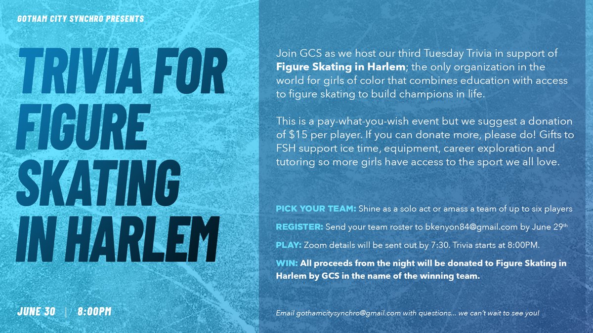 Join GCS as we host our third Tuesday Trivia in support of Figure Skating in Harlem; the only organization in the world for girls of color that combines education with access to figure skating to build champions in life.
