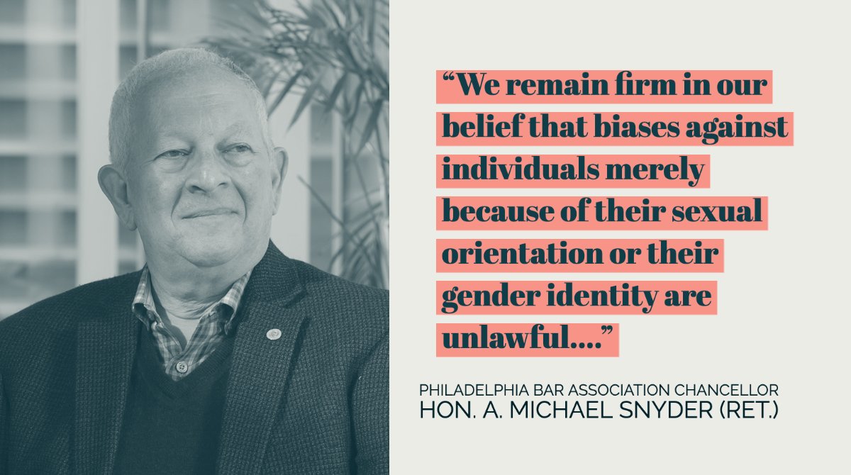 PhilaBar's tweet image. Chancellor Hon. A. Michael Snyder (ret.) issued the following statement on the Supreme Court decision affirming that sexual orientation and gender identity are protected under Title VII Civic Rights Act of 1964…philadelphiabar.org/page/NewsItem&amp;amp;…