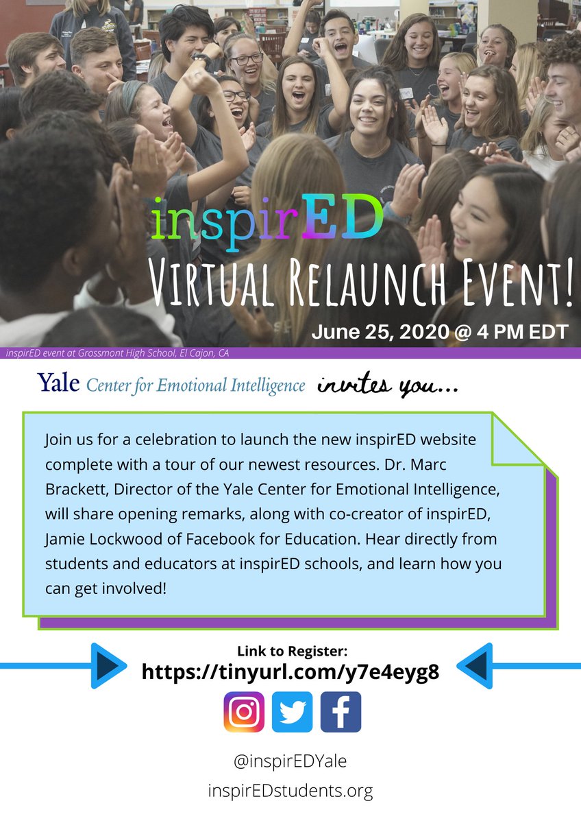 Celebrate the InspirED Virtual Relaunch Event with us next Thursday, June 25 at 4 PM EDT. We will be joined by @marcbrackett of the Yale Center for Emotional Intelligence and Jamie Lockwood of Facebook for Education.
Link to register: tinyurl.com/y7e4eyg8