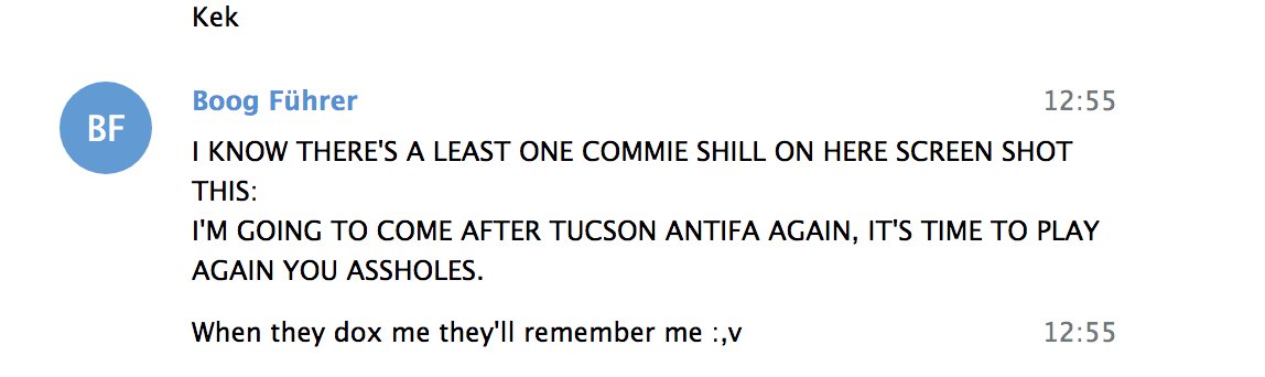 Finally, Sean has made violent threats against antifascists and specifically local antifascists, saying he'll "come after" Tucson antifascists if publicly identified.