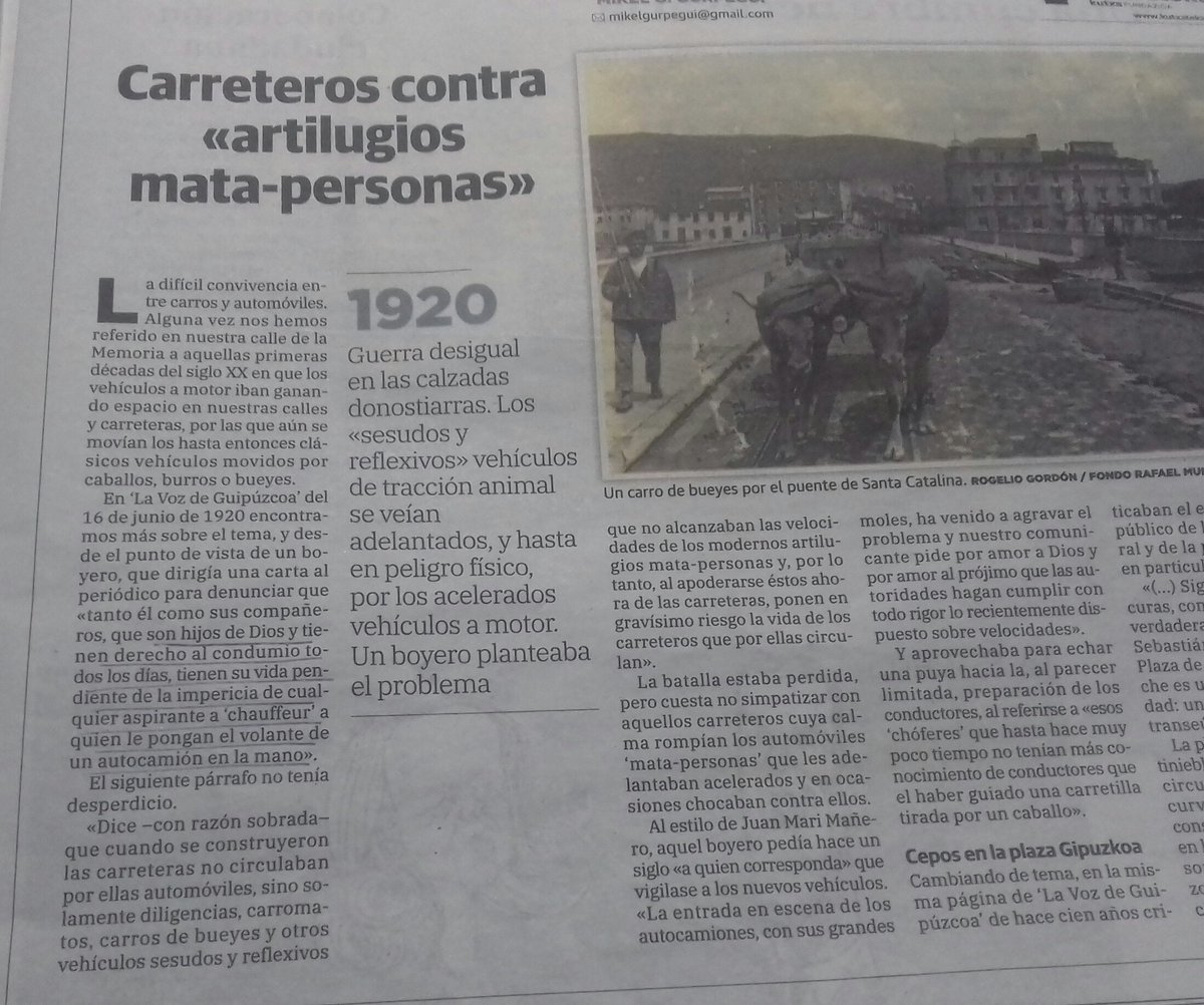 "Cuando se construyeron las carreteras no circulaban por ellas automóviles...". Carreteros amenazados por los coches en 1920. "Tenemos la vida pendiente de la impericia de cualquier 'chauffeur' a quien le pongan un volante en la mano". Joyas de <a href="/MikelGurpegui/">Mikel G. Gurpegui</a> en <a href="/diariovasco/">El Diario Vasco</a>.