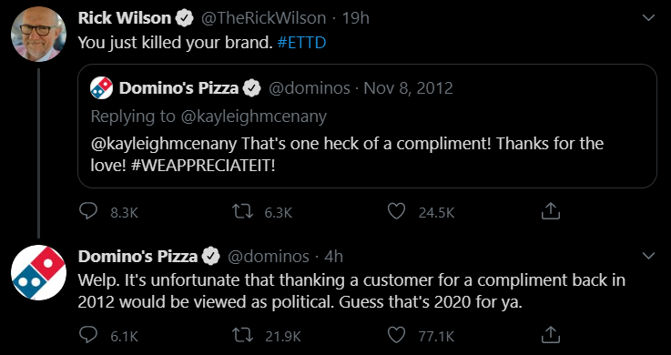 LiberalHivemind's tweet photo. QUICK! EVERYONE ORDER 2 LARGE PIZZAS TO SUPPORT DOMINOS FOR THEIR HEROIC ACTIONS. #Dominos #dominosisoverparty https://t.co/kZ9mC7rNH9