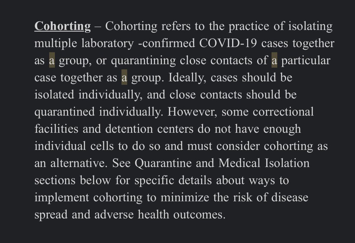 One interesting thing about cohorting, see photo, it says ideally people should be isolated individually, but some facilities don’t have space ICE also says it respects the rights of people to voice their opinion without interference & doesn’t retaliate against hunger strikers