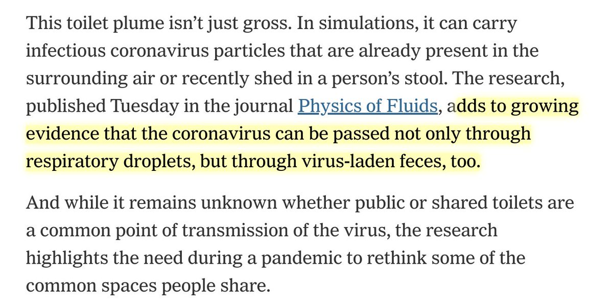 This has gone viral but can someone point me to what on earth is this growing evidence? And why is yet another "simulation" study being reported like this (remember the joggers and their viruses?) This stuff leads panicked authorities to overreact!  https://www.nytimes.com/2020/06/16/health/coronavirus-toilets-flushing.html  https://twitter.com/nytimes/status/1272942042717569024