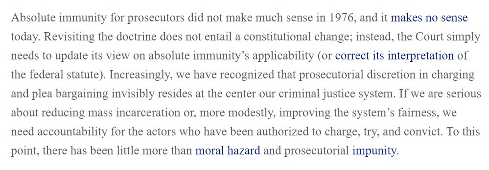 PROBLEM PROSECUTOR Lack of Accountability  Eliminate absolute immunity which shields prosecutors from claims of Constitutional violations. See https://www.acslaw.org/expertforum/after-40-years-is-it-time-to-reconsider-absolute-immunity-for-prosecutors/ and see https://www.themarshallproject.org/2018/03/13/let-s-put-an-end-to-prosecutorial-immunity