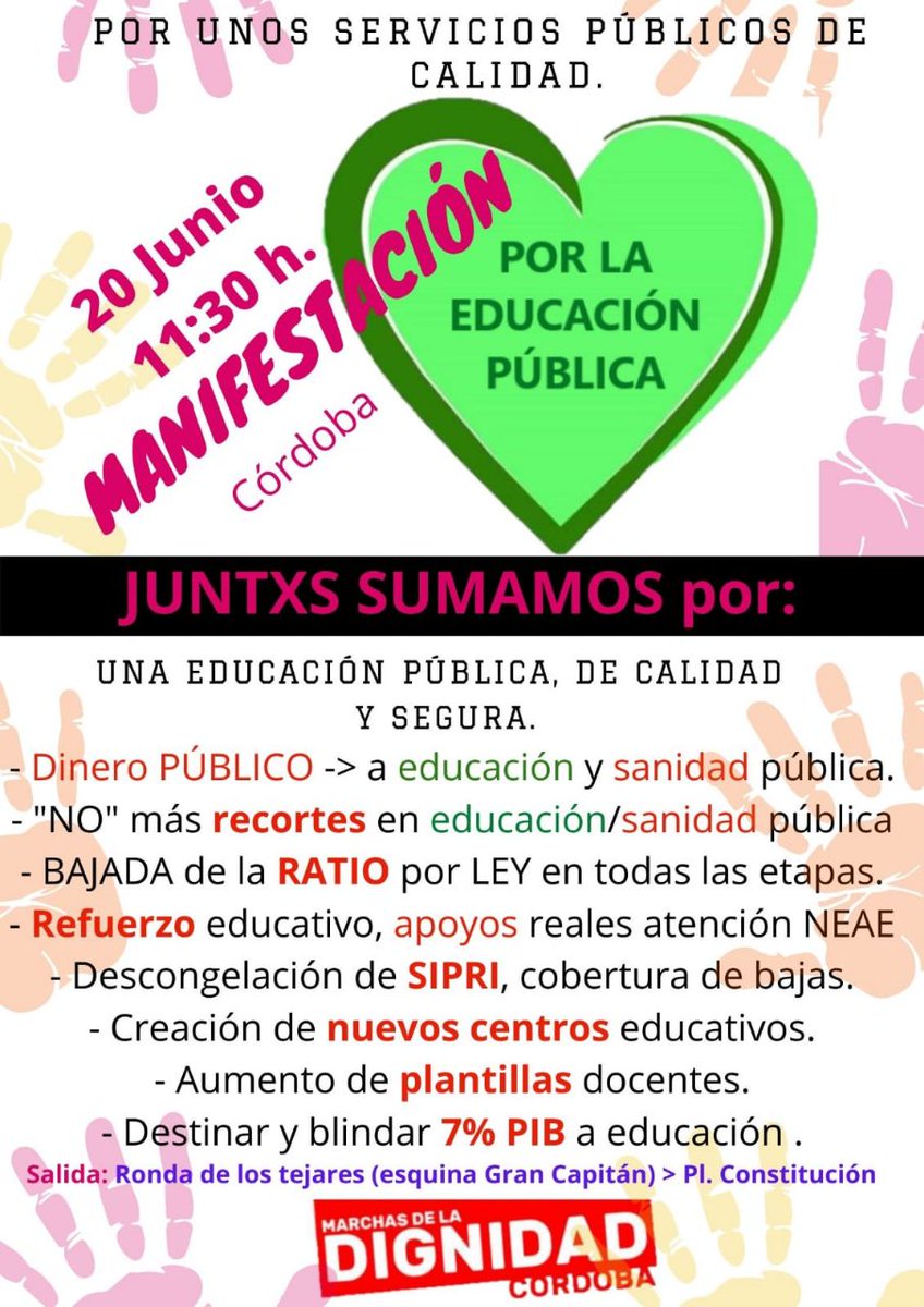 @javierimbroda <a href="/EducaAnd/">Consejería Desarrollo Educativo y FP</a> @JuanMarin_Cs <a href="/JuanMa_Moreno/">Juanma Moreno</a> <a href="/brubinoyanez/">Beatriz Rubiño Yáñez</a> <a href="/joseigs_/">Jose Ignacio García ۞</a> el sábado 20 de Junio la comunidad educativa reclamará en las calles de CÓRDOBA, CÁDIZ y ALMERÍA una EDUCACIÓN PÚBLICA y de calidad (NEAE) sin recortes y que se deje de favorecer la concertada-privada.