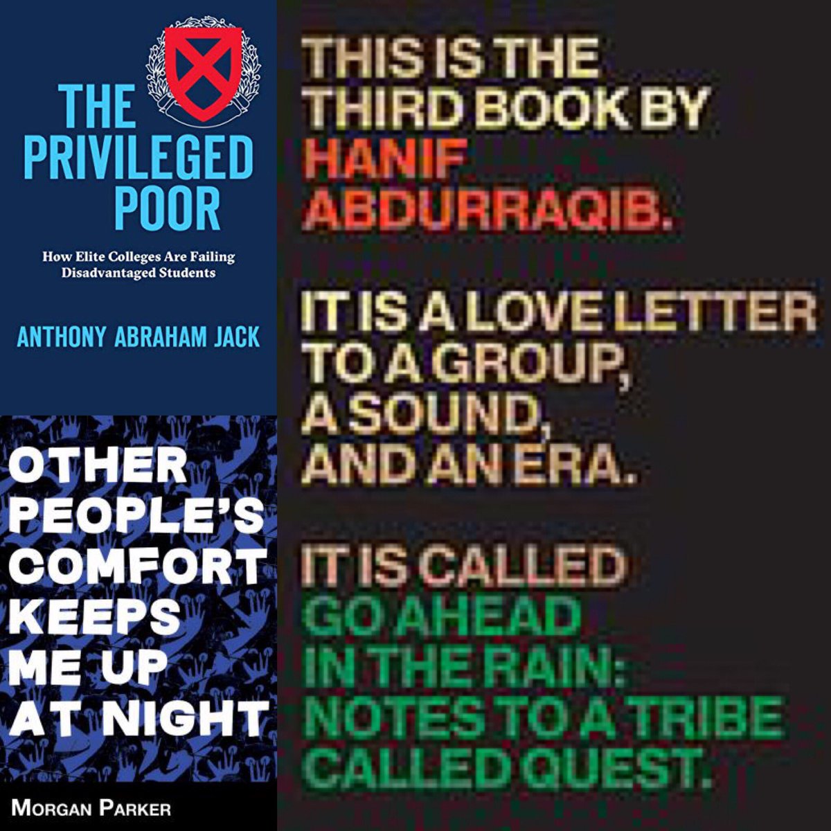 GoucherLibrary's tweet image. Tune in to instagram.com/gouchercollege… on Wednesday at 1pm for a discussion with CAST Director @wlharder He’ll share his thoughts on the poetry of Morgan Parker, The Privileged Poor by Anthony Abraham Jack and Go Ahead in the Rain by Hanif Abdurraqib.