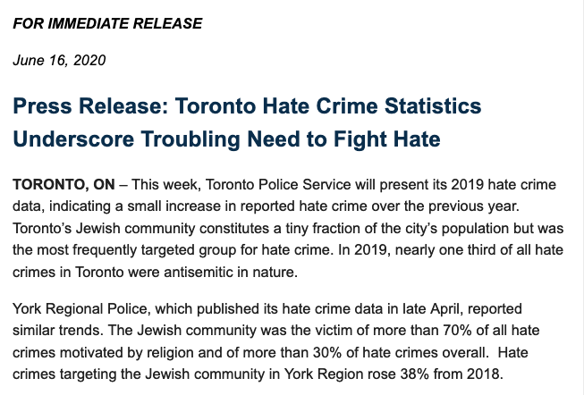 "Toronto’s Jewish community constitutes a tiny fraction of the city’s population but was the most frequently targeted group for hate crime. In 2019, nearly one third of all hate crimes in Toronto were antisemitic in nature," says <a href="/CIJAinfo/">CIJA</a>