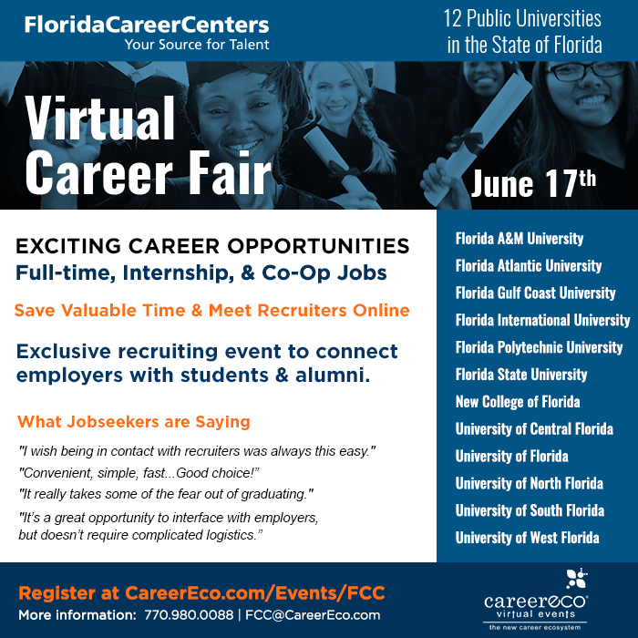 Join us Wednesday, June 17th between 10am - 4pm for the Florida Career Centers Virtual Career Fair.  <a href="/famu_1887/">Florida A&M University</a> students and <a href="/FAMUNationalAA/">FAMU National Alumni</a> REGISTER TODAY at floridacareercenters.org/statewide-job-… #FAMU #careers #fulltime #internships #HireARattler