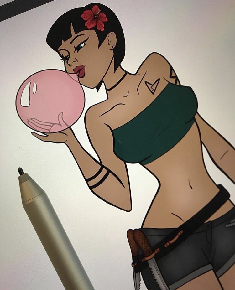 breakheart_co's tweet photo. The original assassin girl is just about done 🌺🔪 Now if only we knew what to name her. 😬
-
-
-
#lineart #wip #assassin #throwingknives #hibiscus #bubblegum #characterdesign #combatboots #breakheart  #lofi #lofifantasy #tattoos #greeneyedgirl #beautifulbutdeadly https://t.co/FyQkBdwF61
