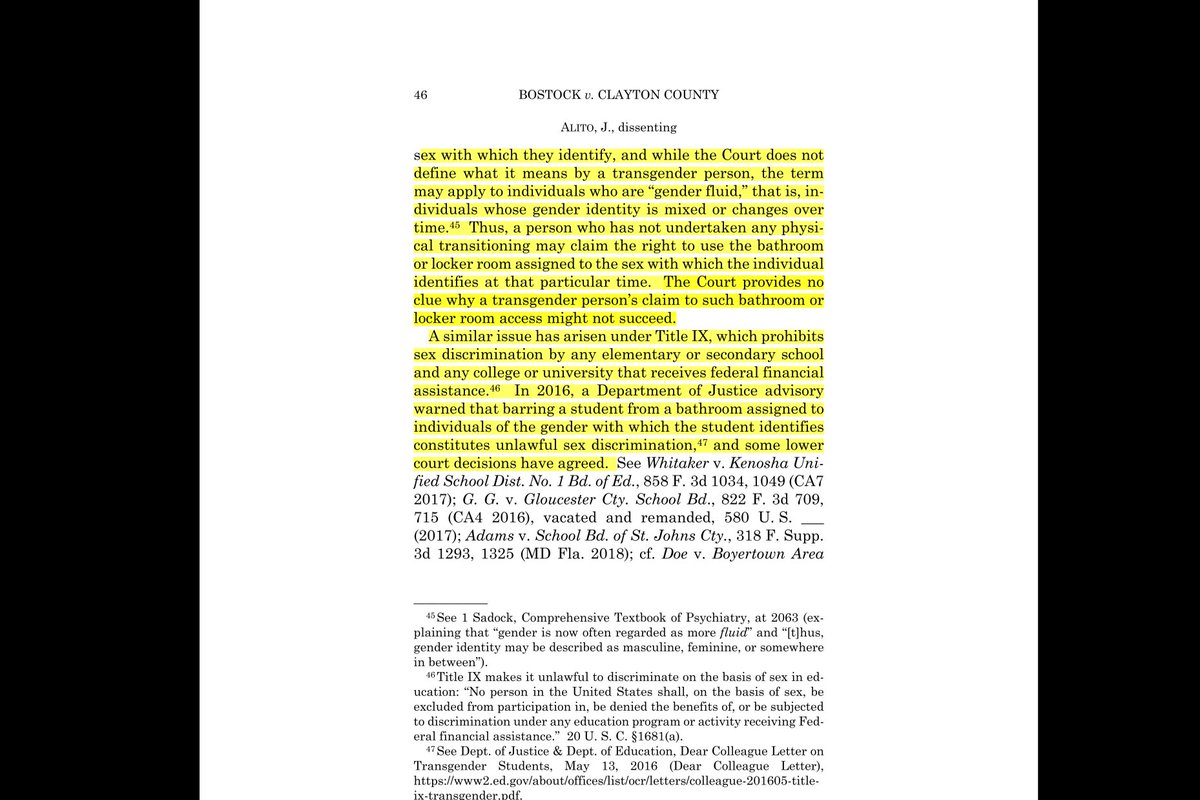 BATHROOMS, SPORTS, ETC. Justice Alito’s dissent explicitly raised concerns that this case cld be interpreted in such a way so as to affect the sex-based rights of women & girls, incl allowing transgender males into female sports/sharing dorms/locker rooms under Title IX; 13/21