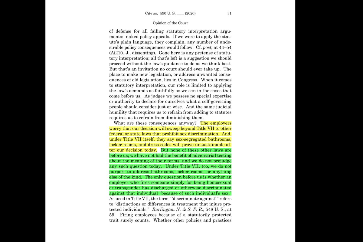 However, Justice Gorsuch, in response *specifically stated* this opinion *does not* extend to any of these issues/other statutes. Incl issues *within Title VII.* Again, activists may try to argue otherwise; but this is, again, contrary to the plain language of the Court. 15/21
