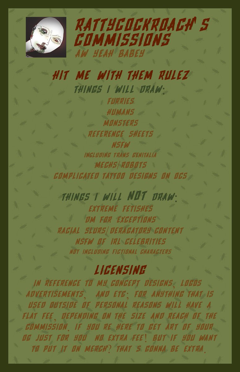 RattyCockroach's tweet image. Full Master list of my commission prices- I've got 3 slots open B^)