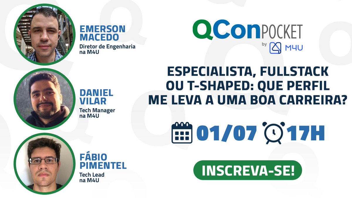 QConSP's tweet image. O #qconsp te convida para a primeira edição do #qconpocket, em parceria com a @m4u_tech!

@emerleite, @dvpereirajp e @fabiopimentel conversam com @leguimas sobre ser e gerenciar especialistas, fullstacks e t-shapeds.

Acesse pocket.qconsp.com.br/?utm_source=tw… e garanta sua inscrição!