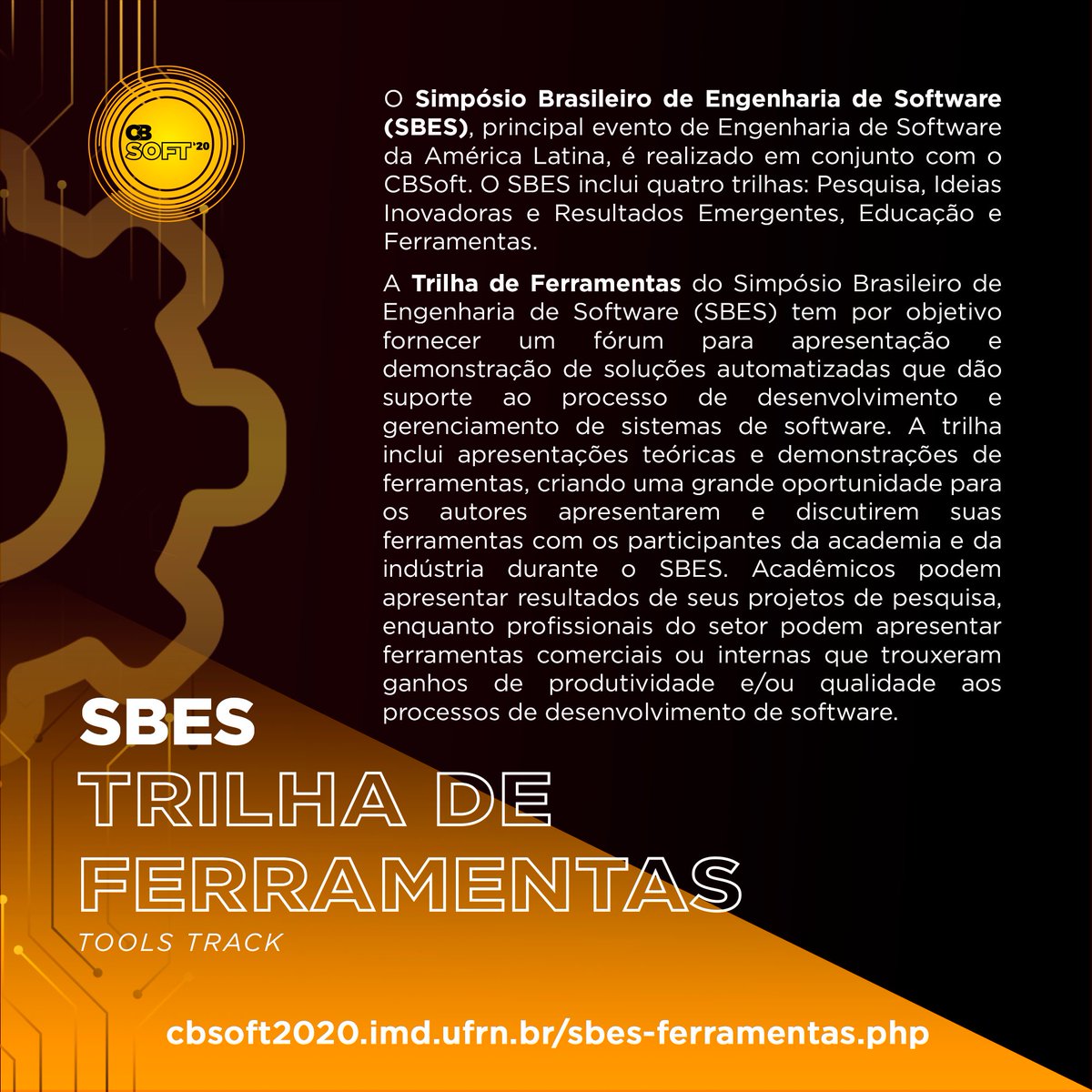 congressocbsoft's tweet photo. A Trilha de Ferramentas do SBES tem por objetivo fornecer um fórum para apresentação e demonstração de soluções automatizadas que dão suporte ao processo de desenvolvimento e gerenciamento de sistemas de software.
💻 Saiba mais em https://t.co/MQ1HZwmKBA https://t.co/mdUFLO0Czc