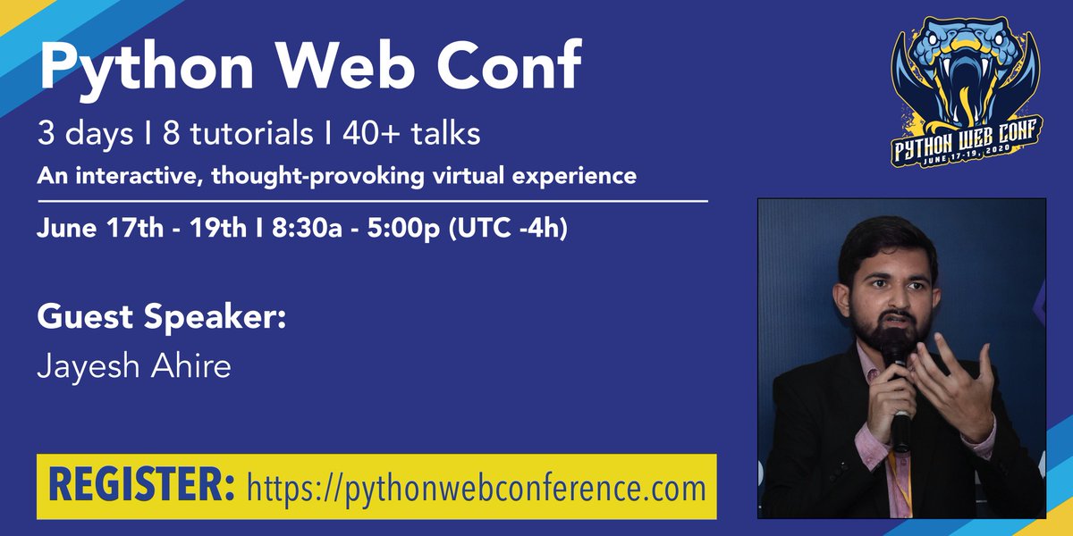 jayesh_ahire1's tweet image. Hello Pythonistas,
I’ll be speaking at the #PythonWebConference on June 17th-19th! All talks will be livestreamed and you can chat with me on Slack. Grab your tickets here &amp;gt; bit.ly/pywebconf
#Python #MachineLearning #NaturalLanguageProcessing