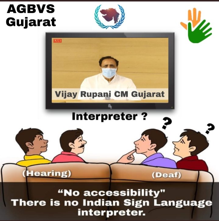 VrajMod15458089's tweet photo. I am Deaf person of Gujarat... I can't hear you!! Where is the #accessibility for Deaf...? We are more than 20 Lakh deaf people.. ISL where is the #Interperter for us to understand your @CMOGuj @vijayrupanibjp speech...?
#VijayRupani #CMO #BJP #Gujarat
 #GujaratSignLanguage https://t.co/bgmd9Stk92