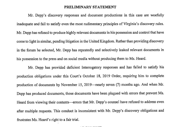 Depp in contempt of court:Amber Heard had to file A 3rd MOTION TO COMPEL DEPP'S EVIDENCE after being ordered two times before to complete his discovery obligations by November 15, 2019No metada, blank documents , empty files, failure to submit his rehab, arrest records, etc