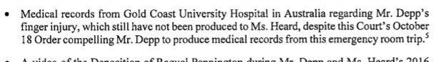 Despite the court order to produce all the medical records of his finger's injury, Depp has failed to produce it. Including the medical record his youtube-minion spread around & show us the exact reason why he's hiding the records: It proves it was a CRUSHING INJURY 