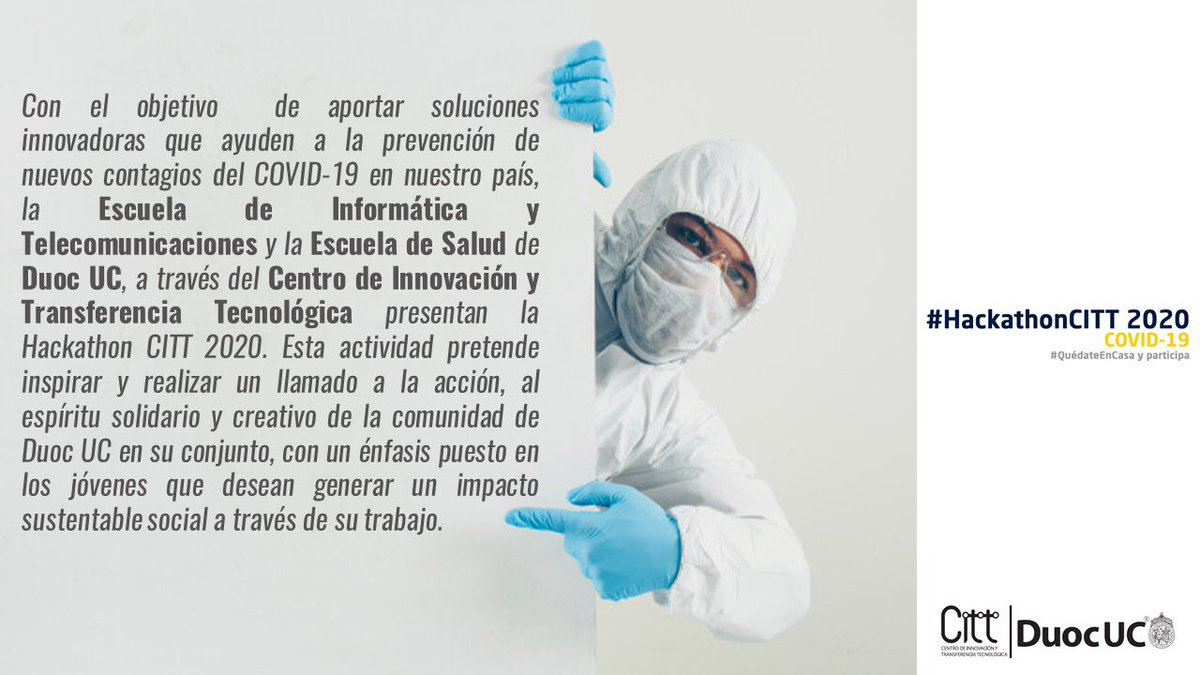 CITTDuocUC's tweet photo. En el @CITTDuocUC hacemos un llamado a la acción, al espíritu solidario y creativo de la comunidad de @DuocUC en su conjunto, generando un impacto sustentable y social. La @EscuelaITDuocUC y @ESaludDuocUC te invitan a ser parte de la #HackathonCITT #Covid_19 #QuedateEnCasa https://t.co/bafzedUeHS