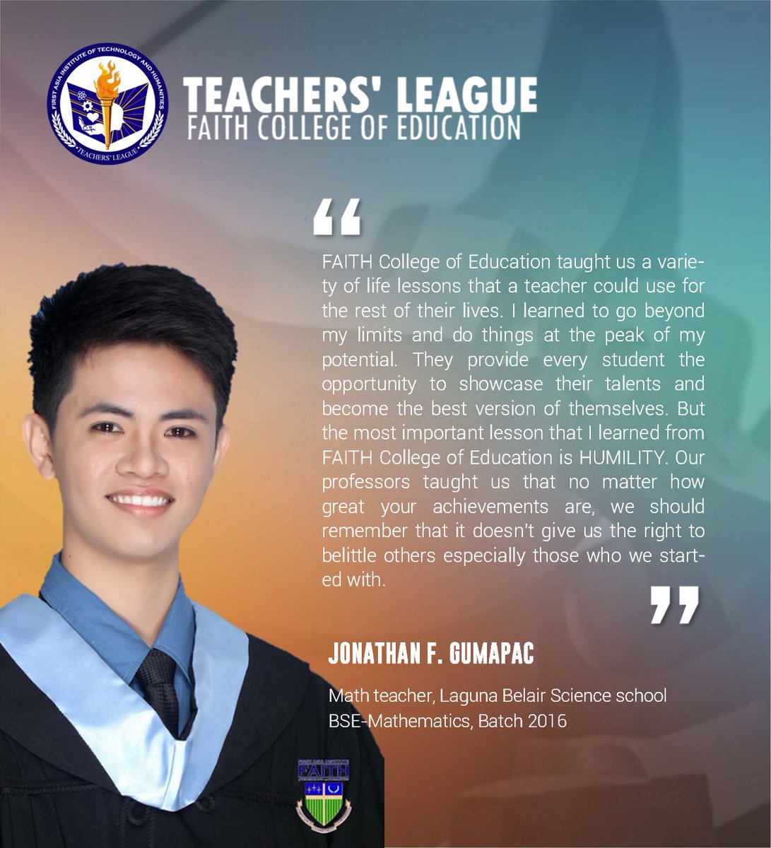 faithtlofficial's tweet photo. #AlumniTestimonies #WhyFAITHCoEd

Mr. Jonathan Gumapac, BSE-Math Batch 2016, was one of the representatives  for the Student Research Competition way back 2016. He is also an AFREIGHT scholar. 

BE PART OF THE COED FAMILY!
Enrollment is ongoing!
#FAITHCoEd

Graphics: Paul Gumba https://t.co/MYvIYXzJH3