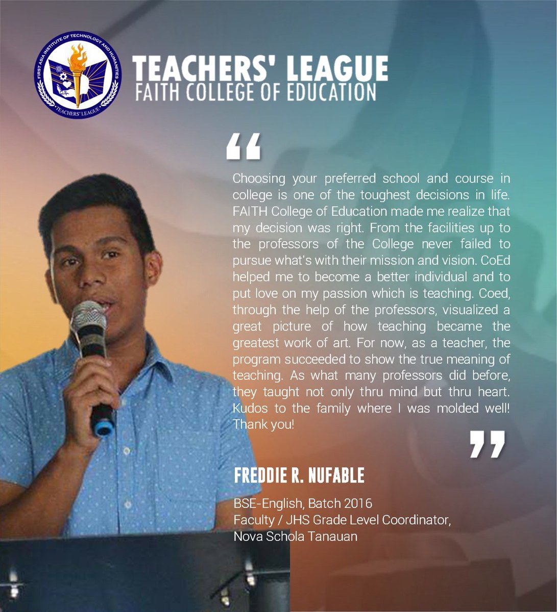 faithtlofficial's tweet photo. #AlumniTestimonies #WhyFAITHCoEd

Mr. Freddie Nufable, BSE-English Batch 2016, was the former President of the FTL (AY 2014-2015). He was also an Ad Astra Scholar (M. Quezon Scholarship).

BE PART OF THE COED FAMILY!
Enrollment is ongoing!
#FAITHCoEd

Graphics: Paul Gumba https://t.co/5oa8iWbBhN