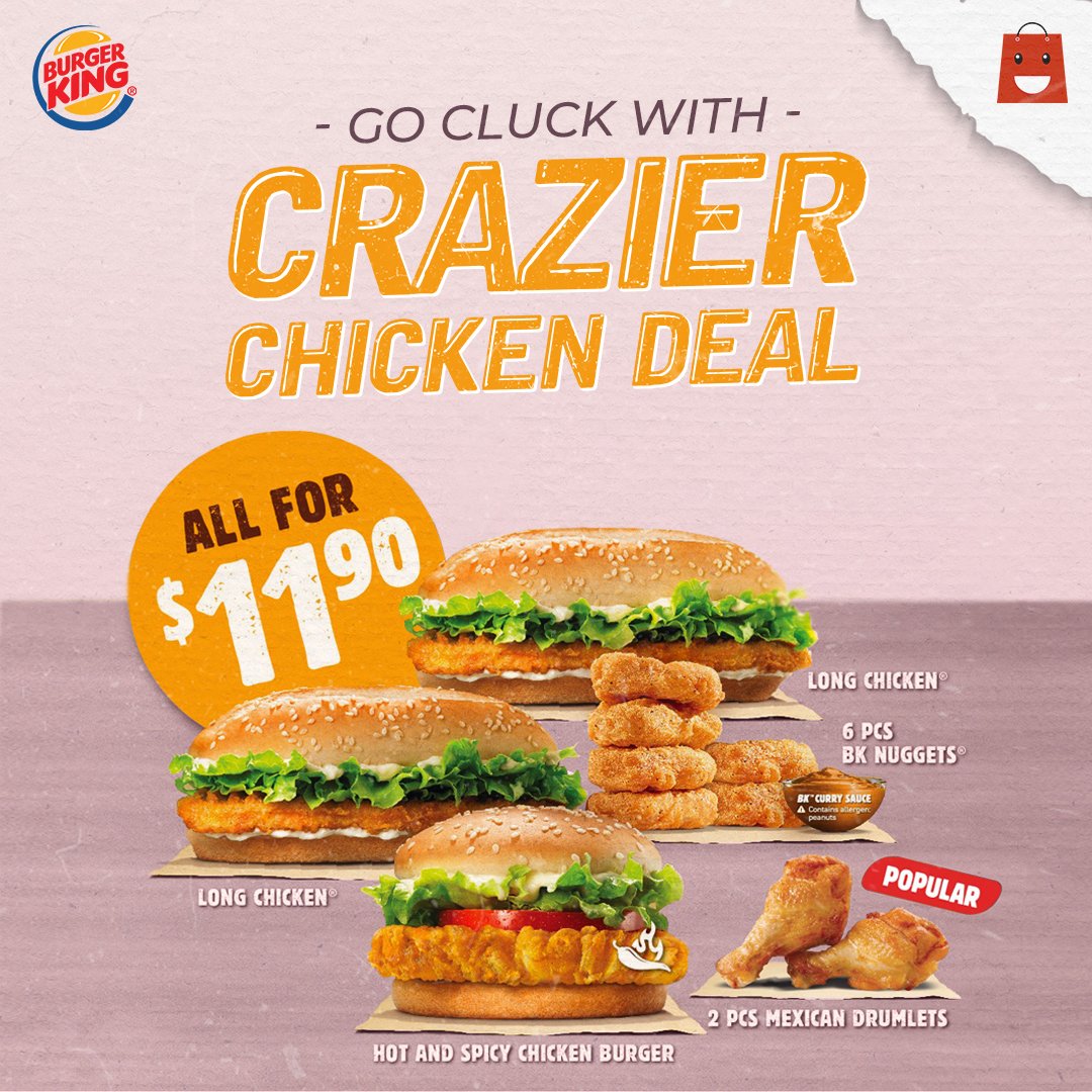 GoToMallsSG's tweet photo. Go cluck with delightfully tasty chicken from Burger King Singapore this June!

Practice safe distancing and order via the BK app today.
Available for Takeaway order.

Info 🔎https://t.co/1LejZOchDN
-
#GoToMallsSg #Singapore #BurgerKingSG https://t.co/2b1ILFZrCT